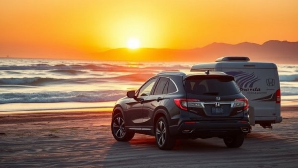 Honda SUV and trailer at sunset beach celebrating 50th anniversary.