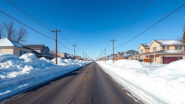 Residential street with snow piles from snow removal services near me.