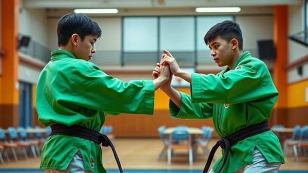 BC Winter Games karate athletes sparring in gymnasium.