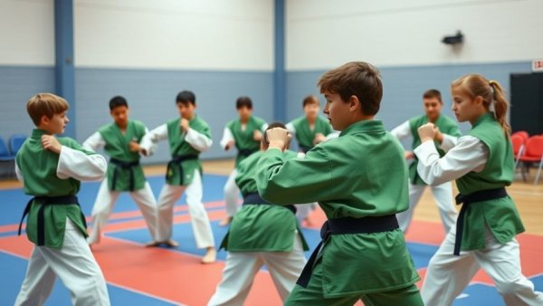 Young karate students practicing martial arts in a gym setting.