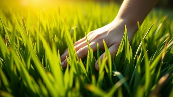 Close-up of hand on lush green grass for lawn care Shelby MI.