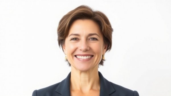 Neutral background portrait of a smiling woman.