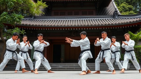 Traditional karate training in Japan at historic temple.