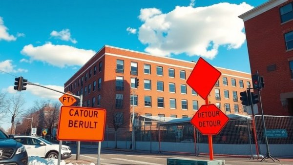 Ann Arbor construction updates with detour signs and building.