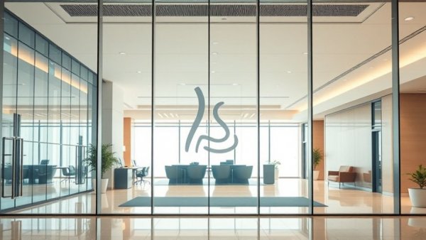 Office lobby with glass window and logo, representing AI adoption in businesses.