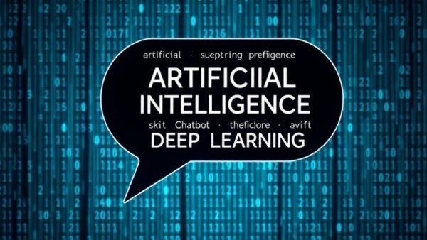 Speech bubble displaying AI terms on digital background for AI for small business concept.