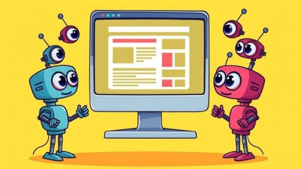 Cartoon of workplace surveillance tools with robotic eyes monitoring computer.