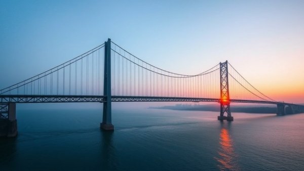 Beautiful Michigan bridge at sunrise over calm waters.