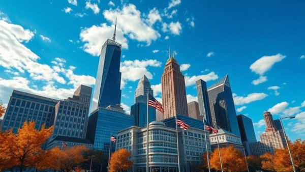 Detroit skyline with autumn trees and American flags.
