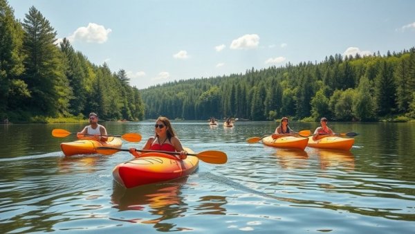 Vibrant lake scene with kayaks and visitors, highlighting Michigan tourism decline.