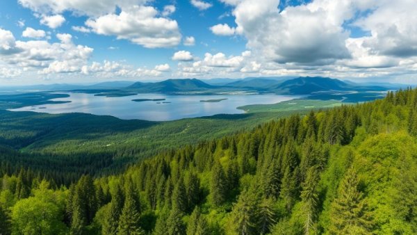 Aerial view of forest and lake with mountains in the distance.