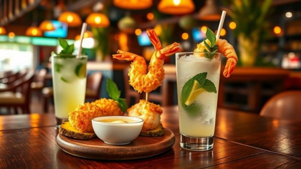 Bahama Breeze dish of coconut shrimp with mojito.