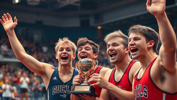 Michigan high school wrestling team celebrating victory with trophy