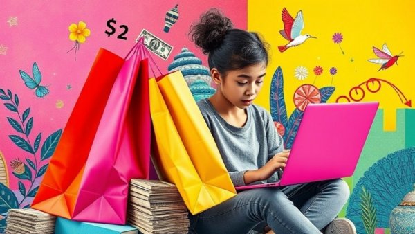 Vibrant collage of side hustle symbols for Gen Z, with shopping bags, cash, and laptops.