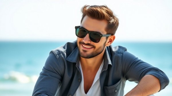 Confident man enjoying outdoors in beach setting, reflecting success.