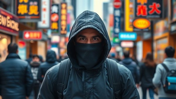 Individual covering face in a busy city street, urban environment