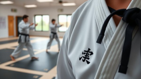 Karate Federation logo on uniform in dojo, illustrating financial challenges.