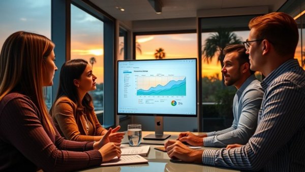 Team discussion on integrated digital marketing strategy with screen analytics.