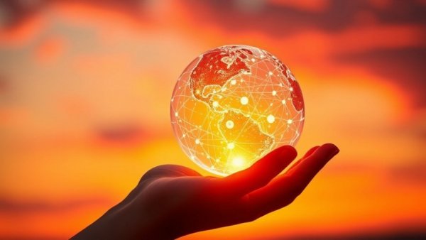 Digital network sphere in a hand at sunset, symbolizing digital marketing.