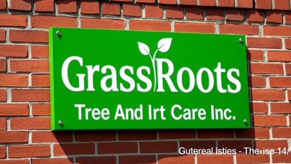 Sign for GrassRoots Tree And Turf Care Inc. on a brick wall.