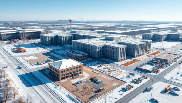 Michigan psychiatric hospital construction updates, aerial view of new building in snow.