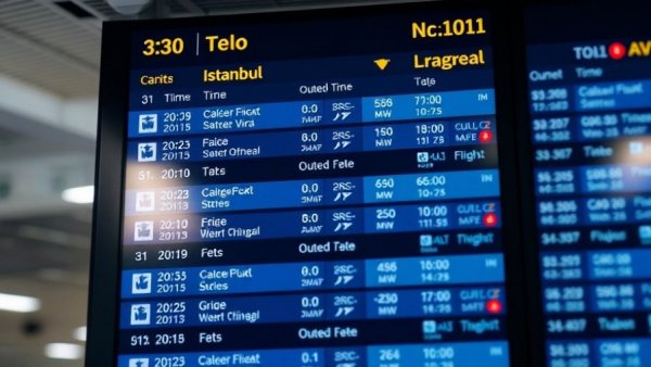 Flight departure board in airport showing international flights and statuses.