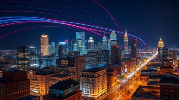 Michigan travel demand surge depicted with vibrant cityscape.