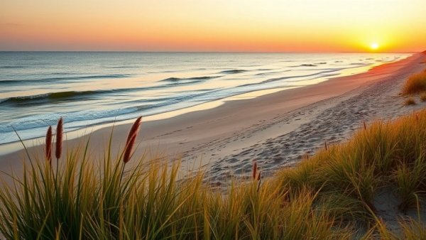 Great Lakes travel sandy beach at sunset, gentle waves, serene view.