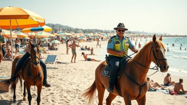 Spring break beach scene with mounted police and vacationers.