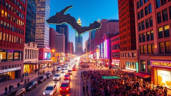 Michigan travel demand: vibrant cityscape in Michigan map overlay