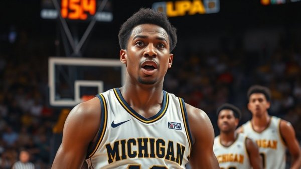 Emotional Michigan basketball player during intense game. Michigan basketball season record.