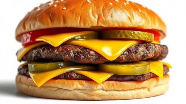 Juicy cheeseburger on white background, highlighting downsizing impact.