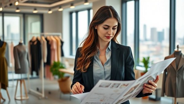 Entrepreneur reviewing fashion designs in a modern studio.