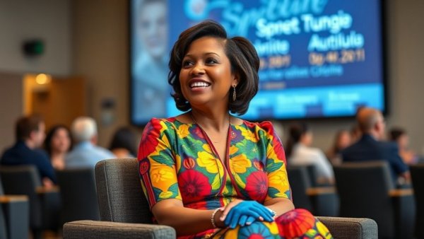 Esther Cobbah discussing business success strategies at a conference.