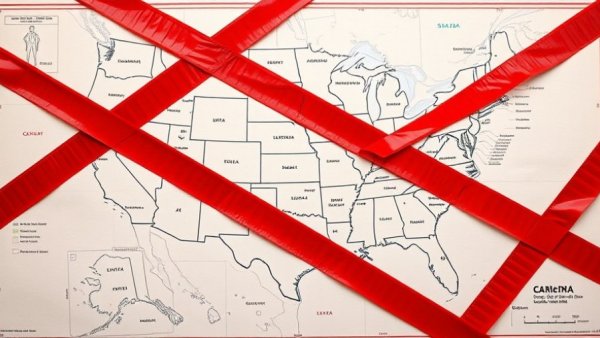 Abstract red tape over U.S. map symbolizing state regulations impact.