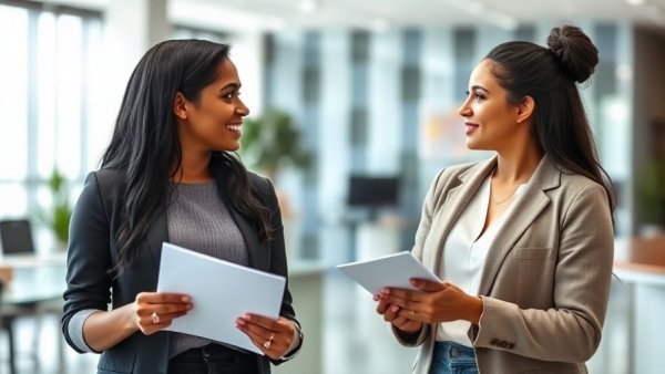 Diverse women discussing workforce grants in modern office setting.