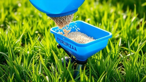 Fertilizer spreader on well-maintained lawn in Shelby, Michigan.