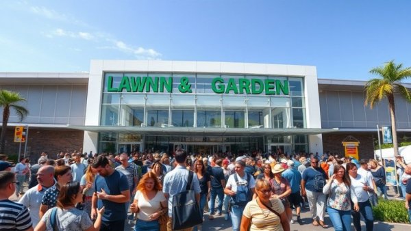 Visitors at a lawn and garden show entrance with bright signage.