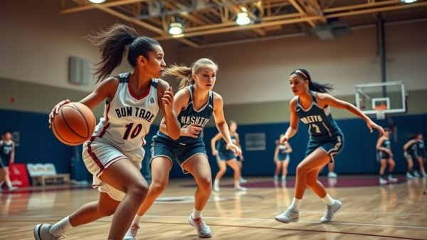 Ann Arbor Girls Basketball game with intense play indoors.