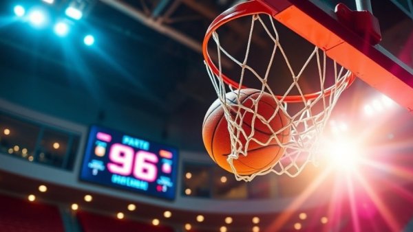 Basketball scoring with digital scoreboard displaying 96.
