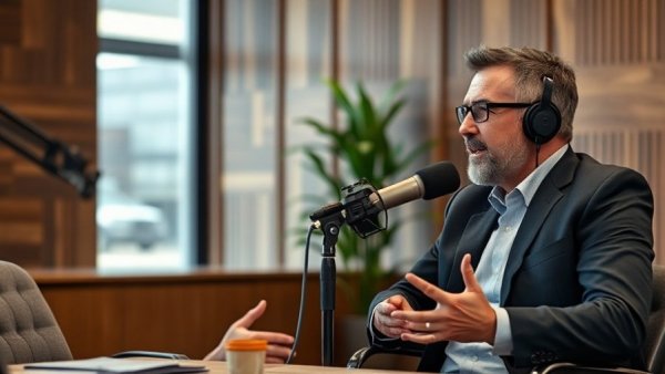 Podcast dialogue on marketing transformation in a modern studio.