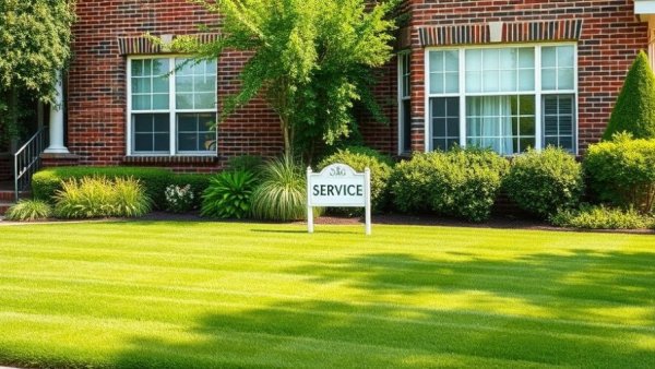 Green lawn with a lawn service sign in front of a brick house.
