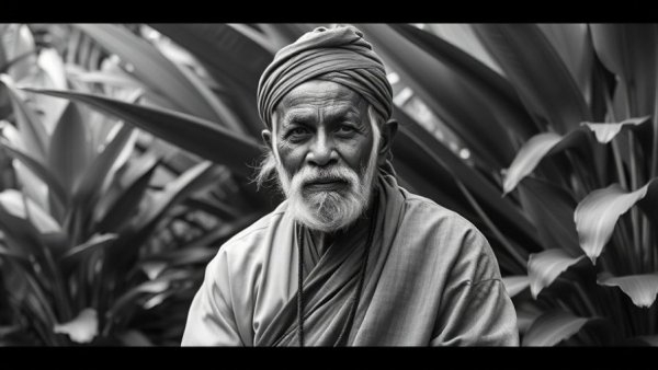 Elderly wise man embodying Chōtoku Kyan karate legacy, serene pose.