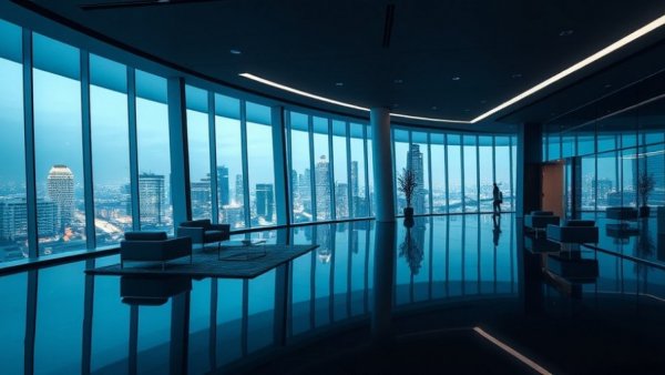 Sleek modern office lobby at night with city view and ambient lighting, JLL 2023-2025 segment reporting.