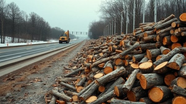 Michigan I-94 construction updates show chopped logs and machinery.