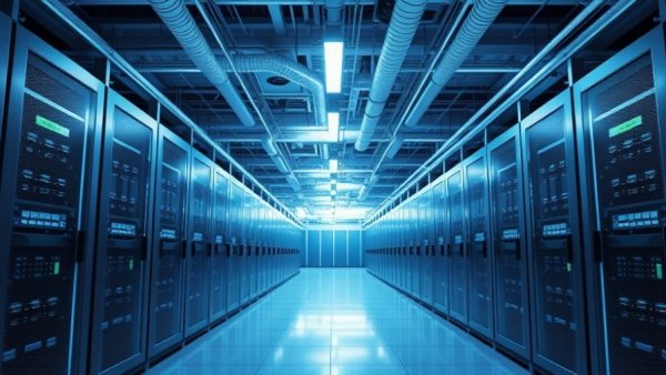 High-tech data center interior with rows of servers, emphasizing Michigan data center construction moratorium.
