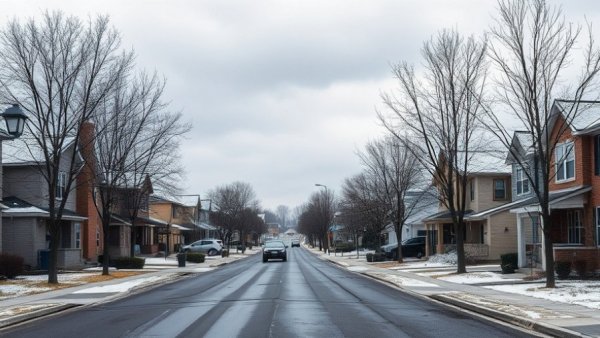 Quiet suburban street in winter, now is the time to buy a house.