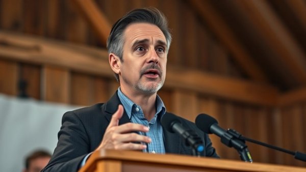 Press conference speaker in wooden structure setting.