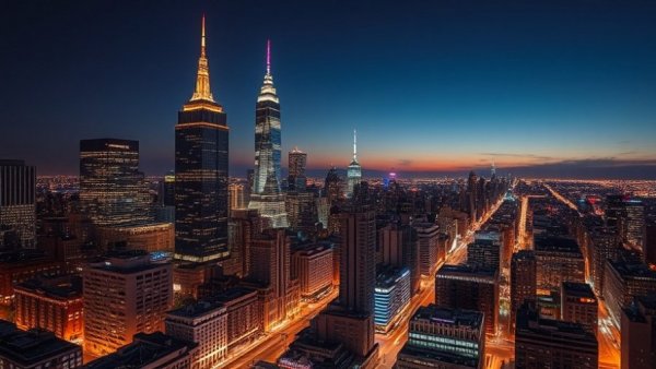 Nighttime cityscape showcasing real estate in Michigan with skyline.
