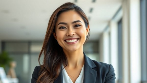 Confident professional woman in business setting for AI transformation in business education.